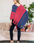 Hdf3007rdbl - Poncho à franges à imprimé chaîne bicolore rouge et bleu