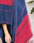 Hdf3007rdbl - Poncho à franges à imprimé chaîne bicolore rouge et bleu