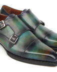 Paul Parkman Men's Cap Toe Double Monkstrap Shoes Green & Blue Patina (ID