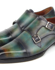 Paul Parkman Men's Cap Toe Double Monkstrap Shoes Green & Blue Patina (ID