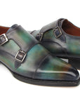 Paul Parkman Men's Cap Toe Double Monkstrap Shoes Green & Blue Patina (ID