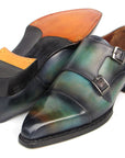 Paul Parkman Men's Cap Toe Double Monkstrap Shoes Green & Blue Patina (ID