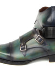 Paul Parkman Men's Cap Toe Double Monkstrap Shoes Green & Blue Patina (ID