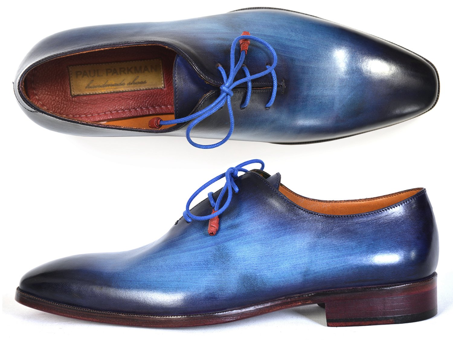 Paul Parkman Men's Plain Toe Wholecut Oxfords Blue Hand-Painted (ID