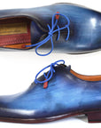 Paul Parkman Men's Plain Toe Wholecut Oxfords Blue Hand-Painted (ID