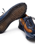 Paul Parkman Men's Blue & Camel Patina Leather Sneakers (ID