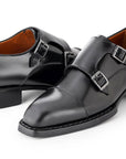 Paul Parkman Triple Leather Sole Hand-Welted Cap Toe Monkstraps Black (ID