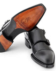 Paul Parkman Triple Leather Sole Hand-Welted Cap Toe Monkstraps Black (ID