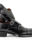 Paul Parkman Triple Leather Sole Hand-Welted Cap Toe Monkstraps Black (ID
