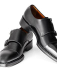 Paul Parkman Triple Leather Sole Hand-Welted Cap Toe Monkstraps Black (ID