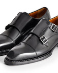 Paul Parkman Triple Leather Sole Hand-Welted Cap Toe Monkstraps Black (ID