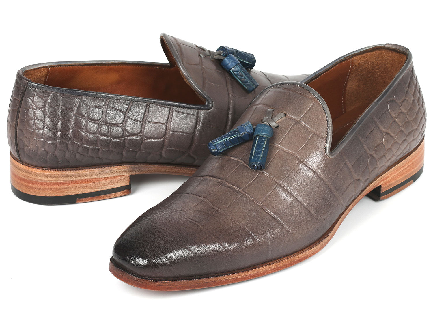 Paul Parkman Men's Gray Crocodile Embossed Calfskin Tassel Loafer (ID