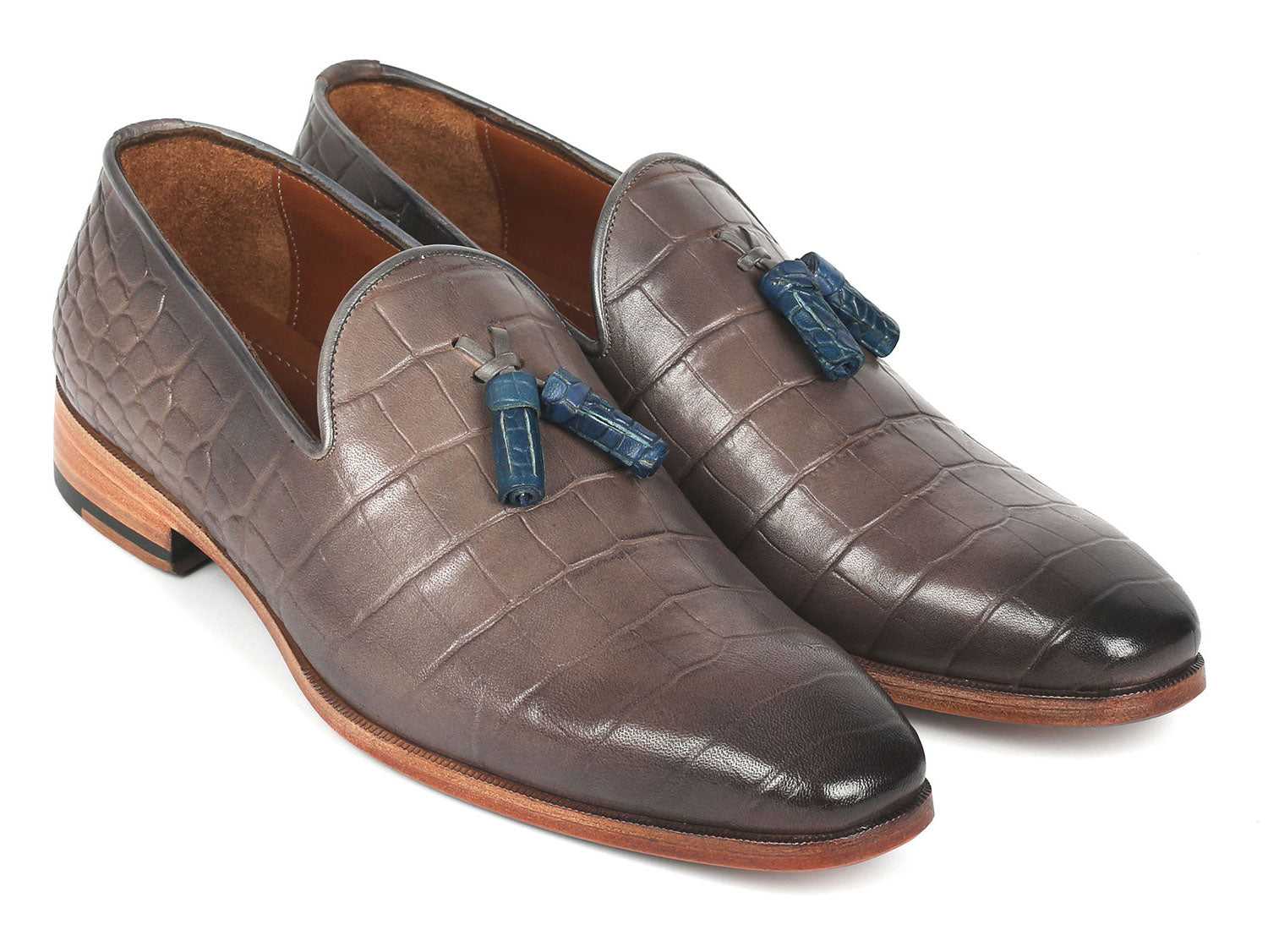 Paul Parkman Men's Gray Crocodile Embossed Calfskin Tassel Loafer (ID