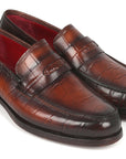 Paul Parkman Brown Crocodile Embossed Calfskin Penny Loafers (ID