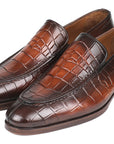 Paul Parkman Brown Burnished Crocodile Embossed Calfskin Loafer (ID