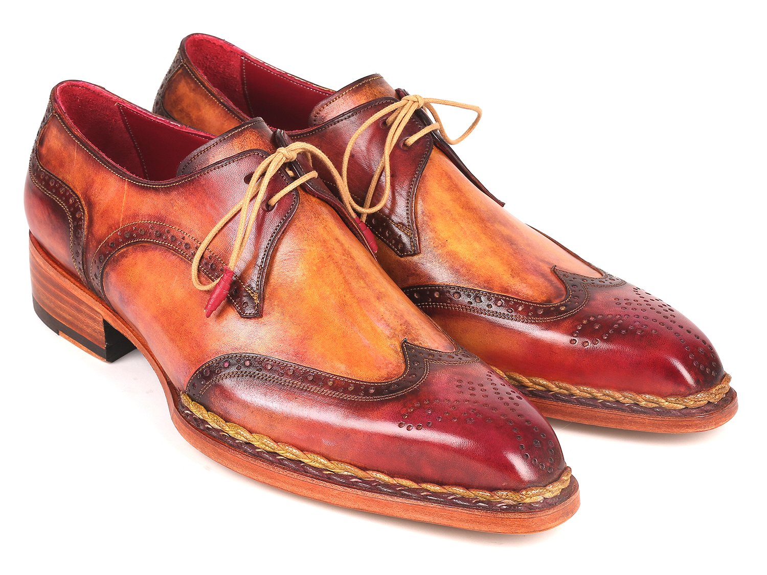 Paul Parkman Norwegian Welted Wingtip Derby Shoes Red & Camel (ID
