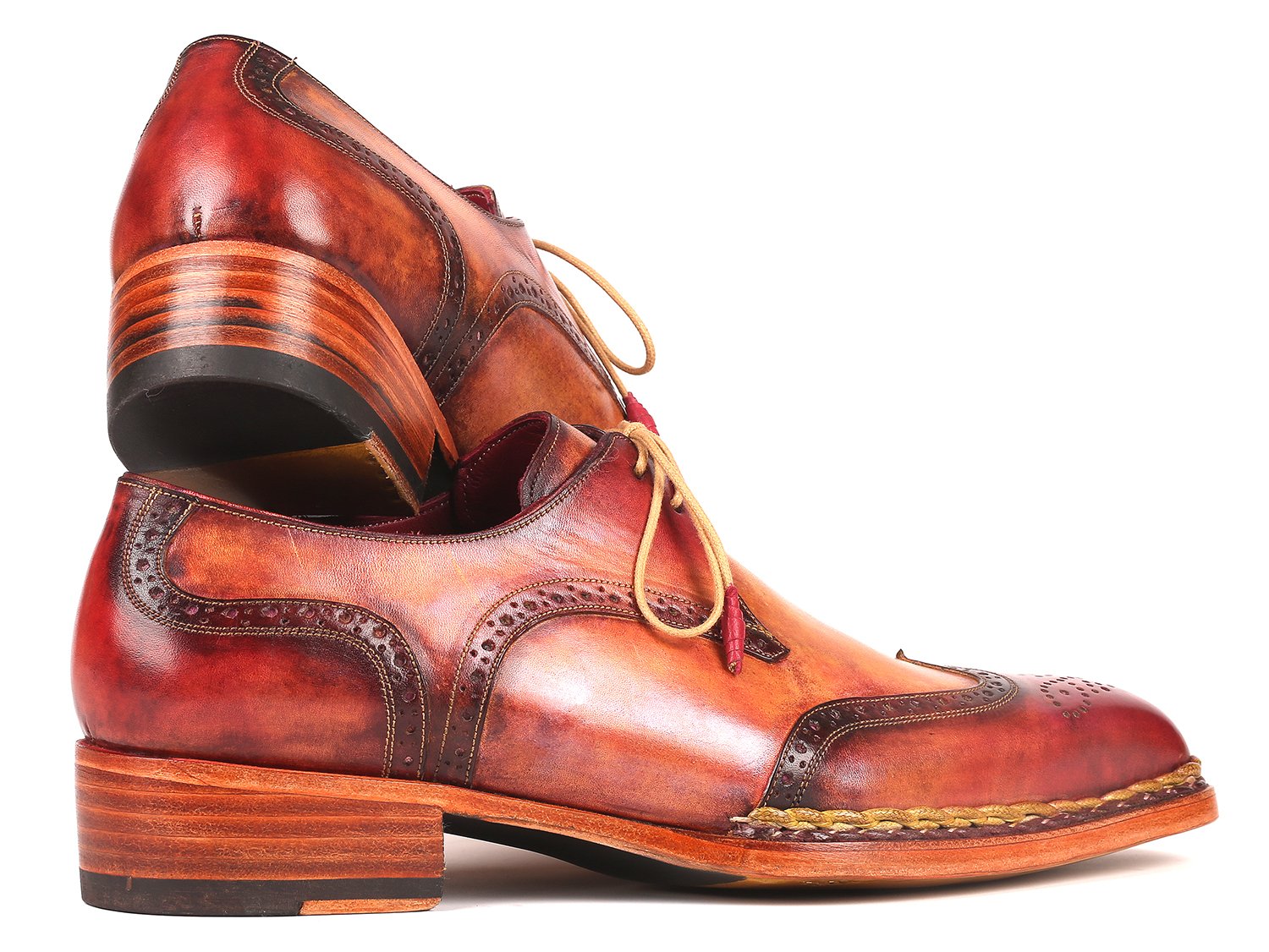 Paul Parkman Norwegian Welted Wingtip Derby Shoes Red & Camel (ID
