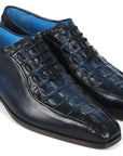 Paul Parkman Navy Croco Textured Leather Bicycle Toe Oxfords (ID