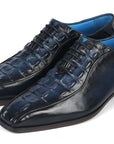 Paul Parkman Navy Croco Textured Leather Bicycle Toe Oxfords (ID
