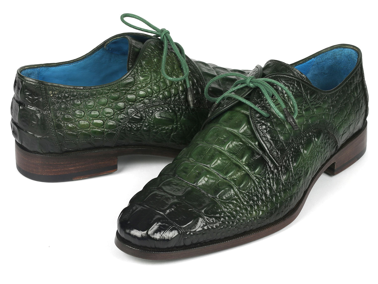 Paul Parkman Men's Green Croco Textured Leather Derby Shoes (ID