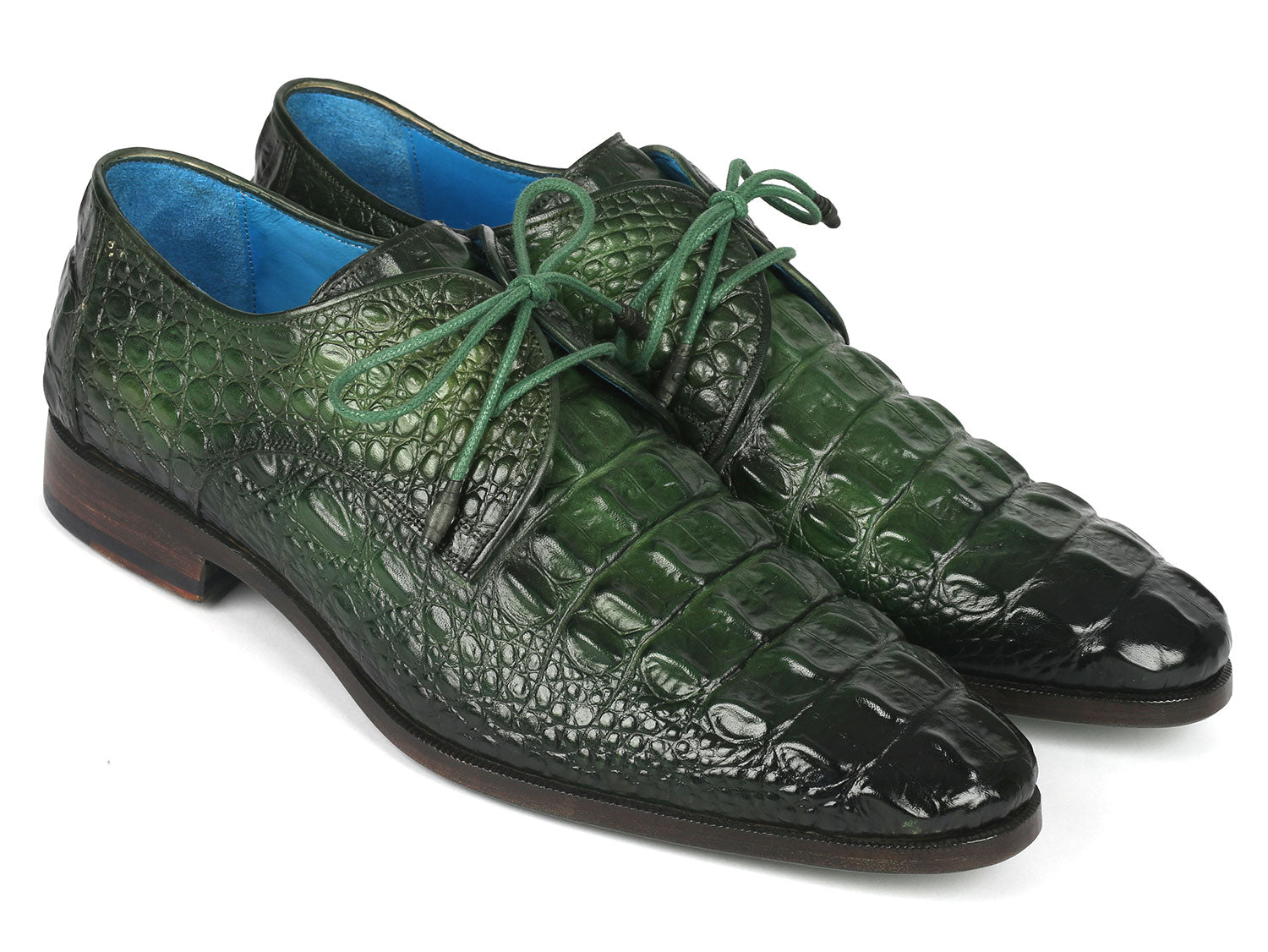 Paul Parkman Men's Green Croco Textured Leather Derby Shoes (ID