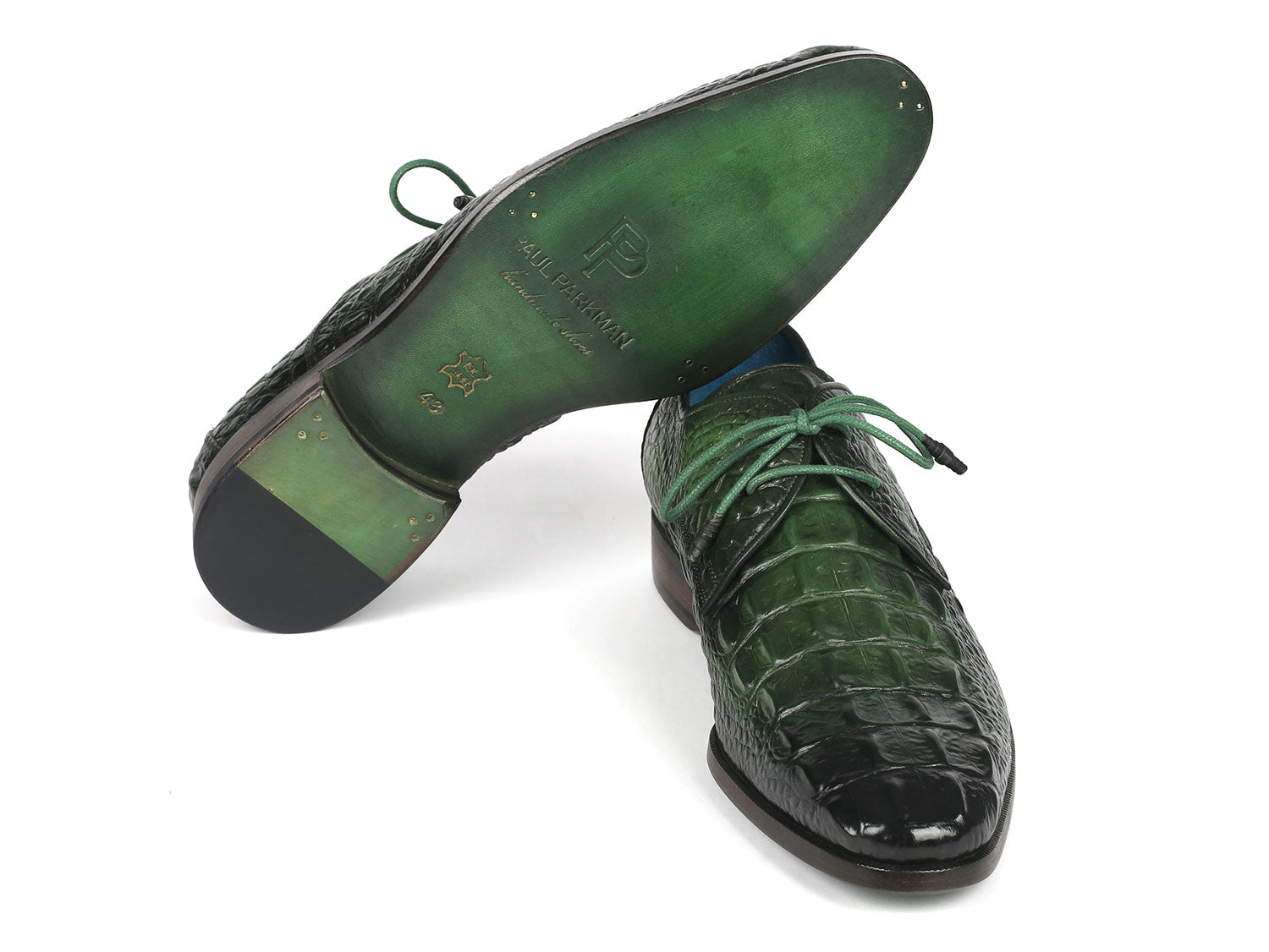 Paul Parkman Men's Green Croco Textured Leather Derby Shoes (ID