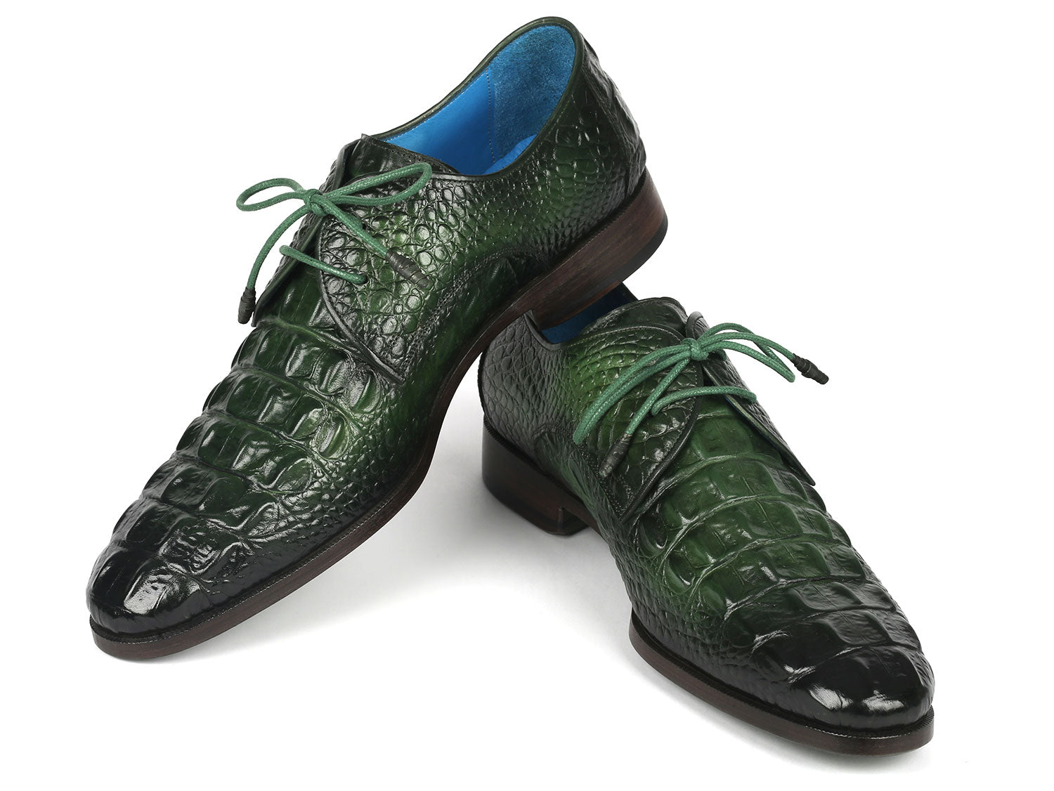 Paul Parkman Men's Green Croco Textured Leather Derby Shoes (ID