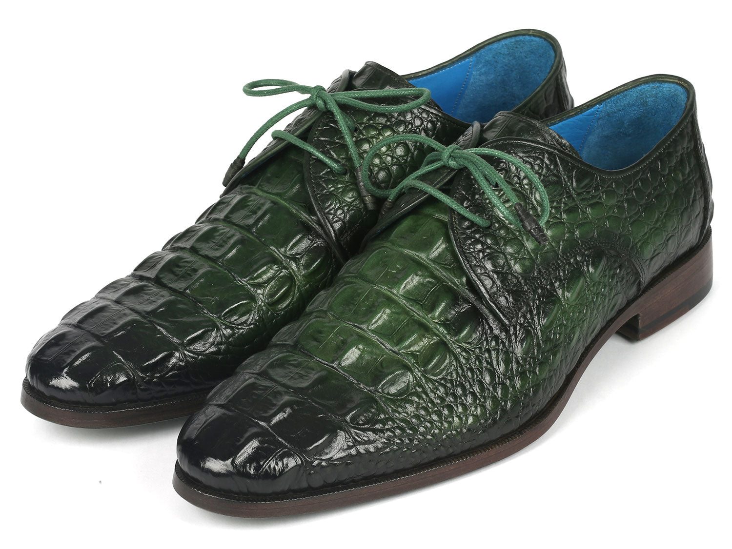 Paul Parkman Men's Green Croco Textured Leather Derby Shoes (ID