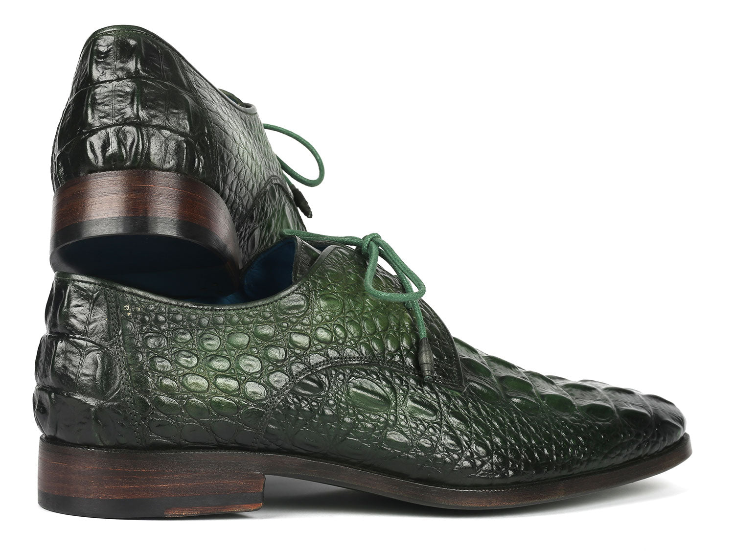 Paul Parkman Men's Green Croco Textured Leather Derby Shoes (ID