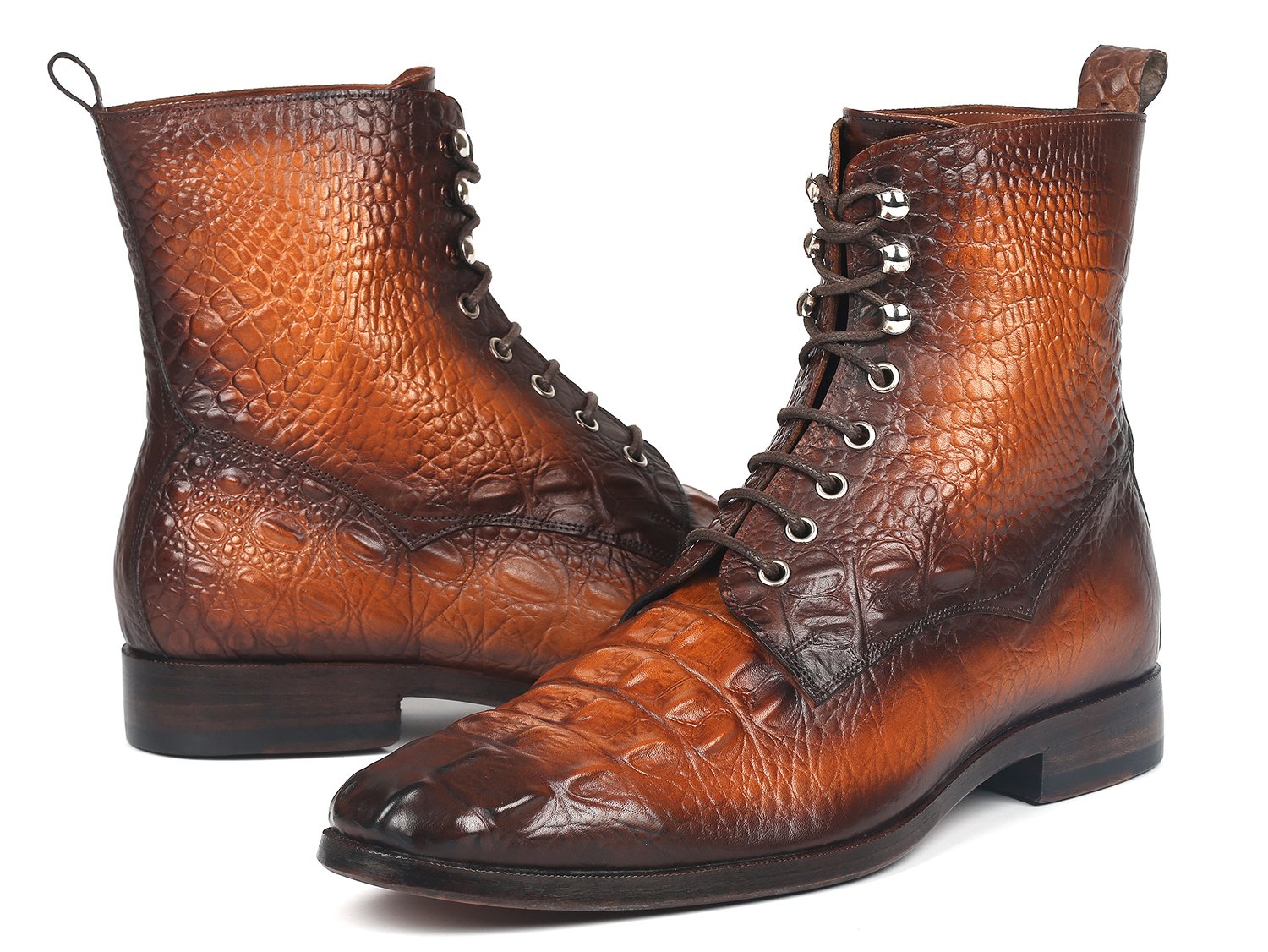 Paul Parkman Men's Brown Croco Embossed Leather Lace-Up Boots (ID