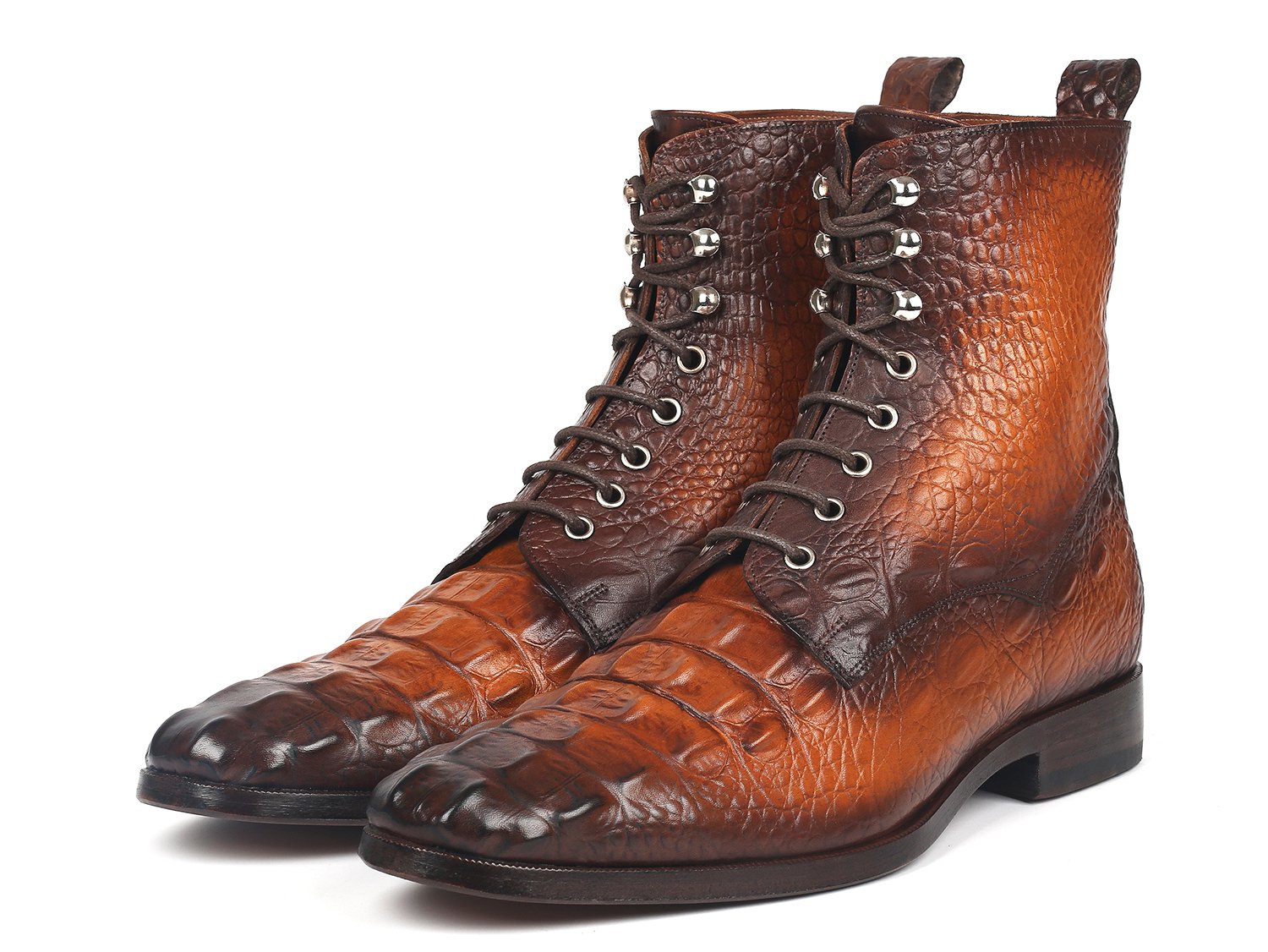 Paul Parkman Men's Brown Croco Embossed Leather Lace-Up Boots (ID