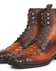 Paul Parkman Men's Brown Croco Embossed Leather Lace-Up Boots (ID
