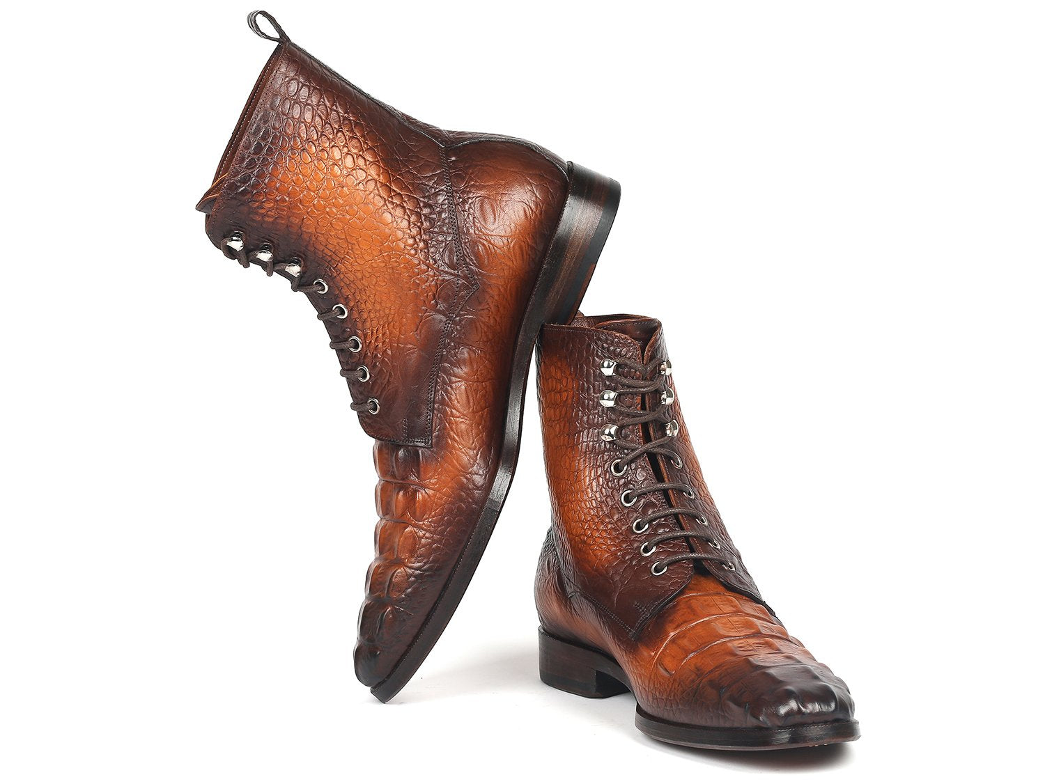 Paul Parkman Men's Brown Croco Embossed Leather Lace-Up Boots (ID