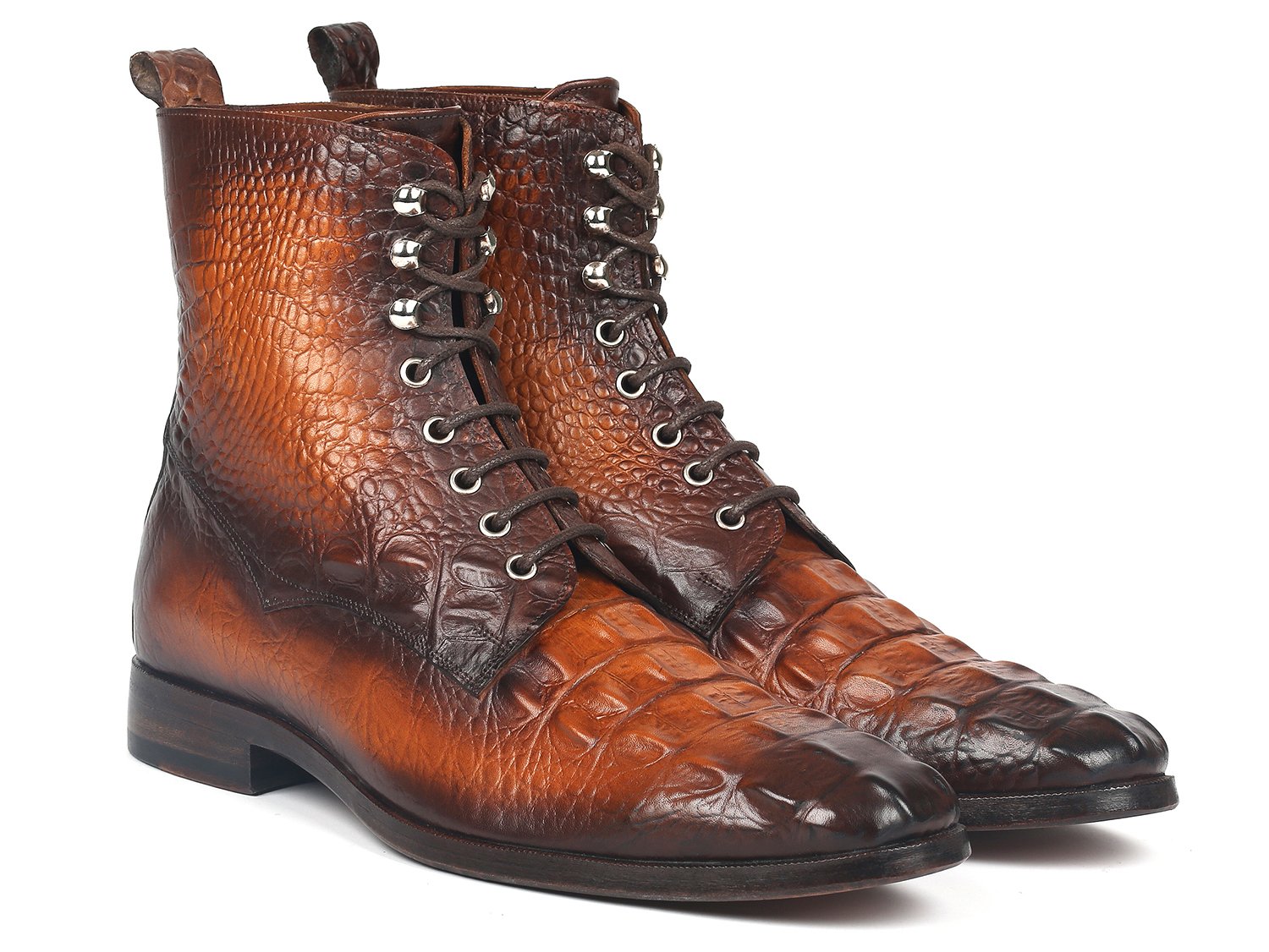 Paul Parkman Men's Brown Croco Embossed Leather Lace-Up Boots (ID