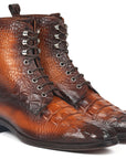 Paul Parkman Men's Brown Croco Embossed Leather Lace-Up Boots (ID