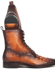 Paul Parkman Men's Brown Croco Embossed Leather Lace-Up Boots (ID