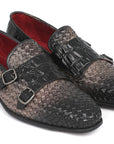 Paul Parkman Gray Woven & Croc Embossed Monkstraps (ID