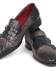 Paul Parkman Gray Woven & Croc Embossed Monkstraps (ID