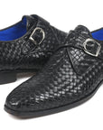 Paul Parkman Black Woven Leather Single Monkstraps (ID