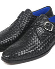 Paul Parkman Black Woven Leather Single Monkstraps (ID
