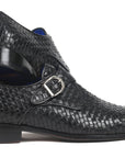 Paul Parkman Black Woven Leather Single Monkstraps (ID