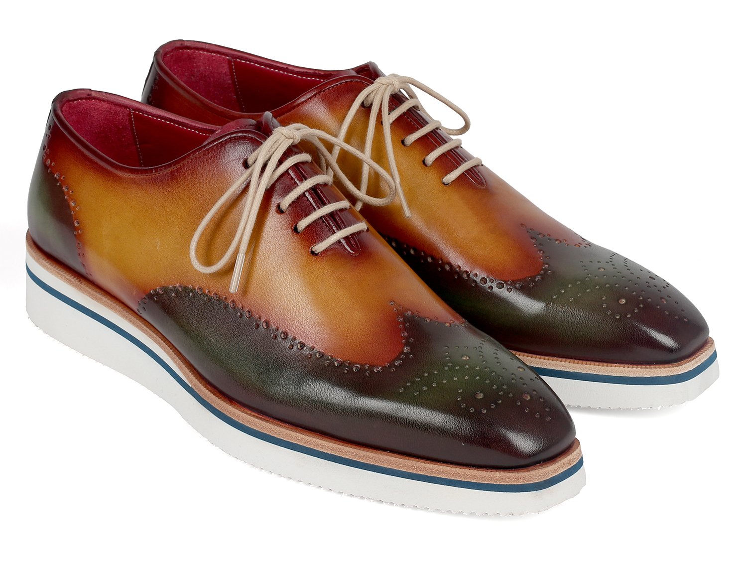 Paul Parkman Men's Smart Casual Wingtip Oxfords Green & Camel (ID