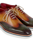 Paul Parkman Men's Smart Casual Wingtip Oxfords Green & Camel (ID