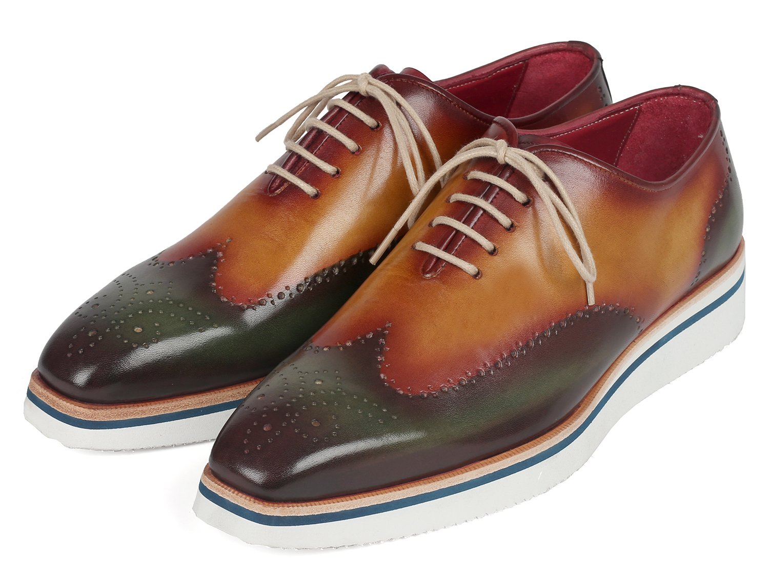 Paul Parkman Men's Smart Casual Wingtip Oxfords Green & Camel (ID