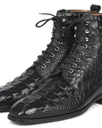 Paul Parkman Men's Black Croco Embossed Leather Lace-Up Boots (ID