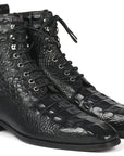 Paul Parkman Men's Black Croco Embossed Leather Lace-Up Boots (ID