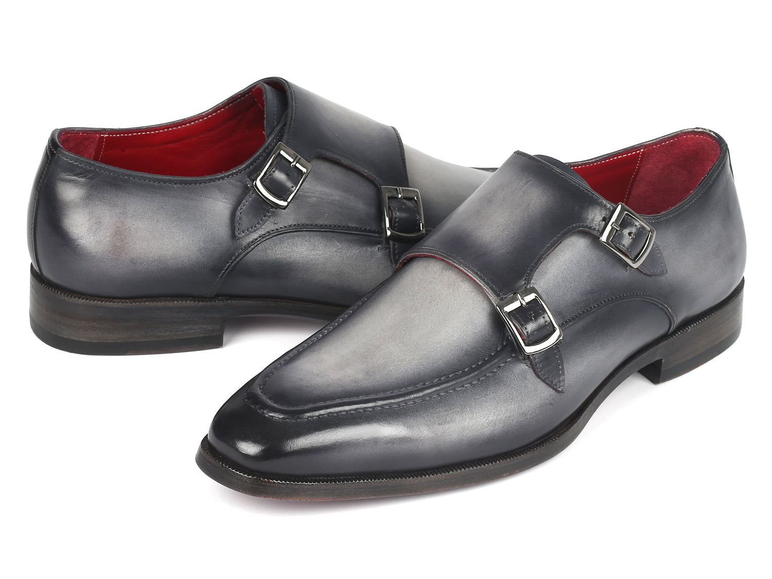 Paul Parkman Men's Gray Leather Double Monkstrap Shoes (ID