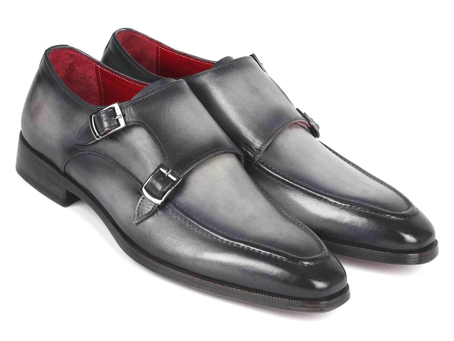 Paul Parkman Men's Gray Leather Double Monkstrap Shoes (ID