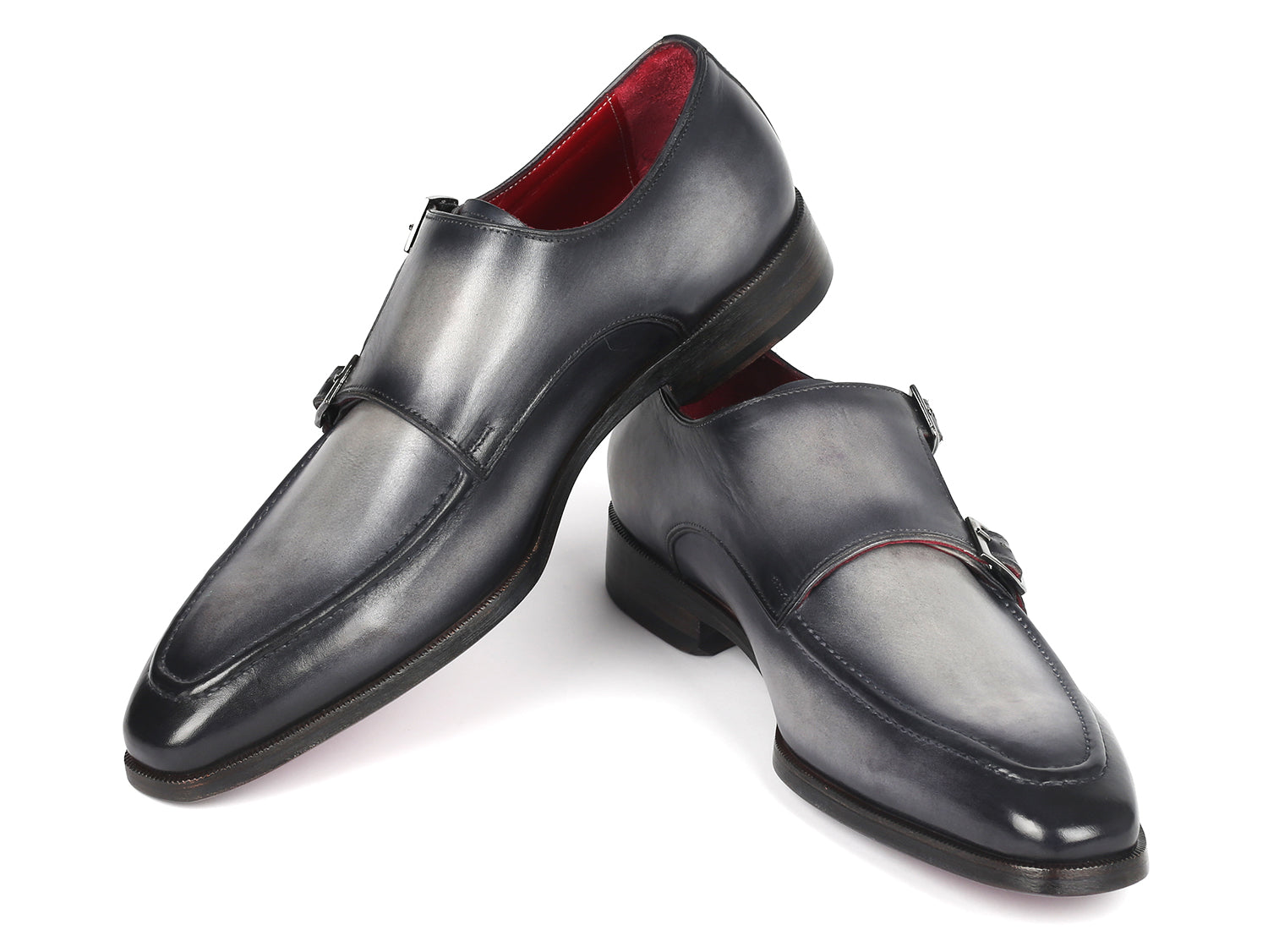 Paul Parkman Men's Gray Leather Double Monkstrap Shoes (ID