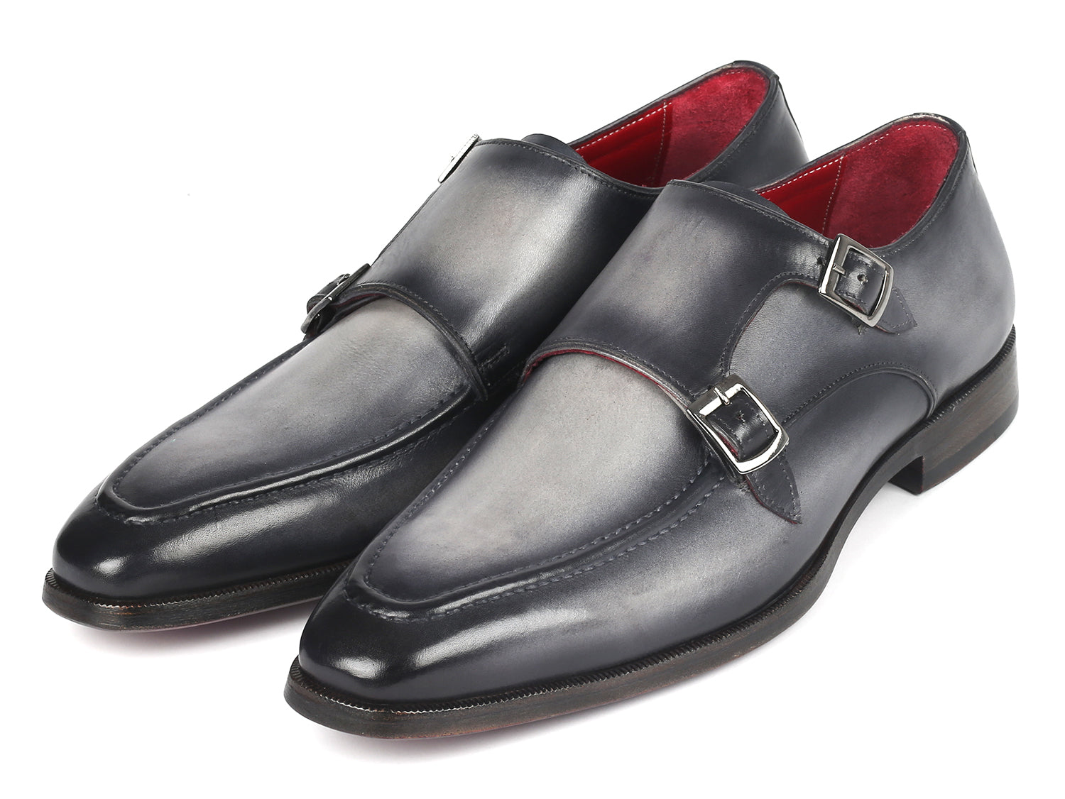 Paul Parkman Men's Gray Leather Double Monkstrap Shoes (ID